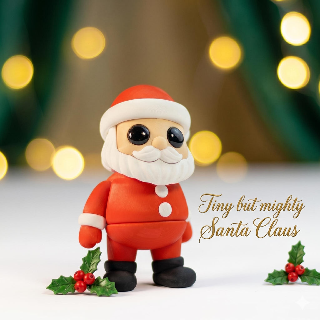 Santa Claus mini fidget standing on snow beside sprigs of holly