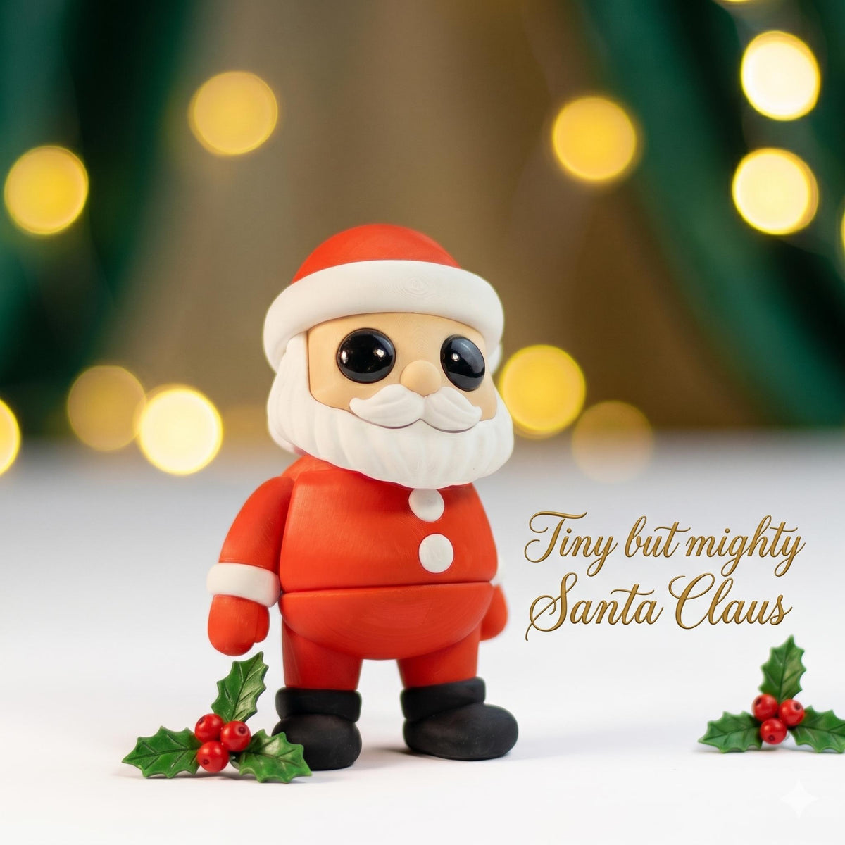 Santa Claus mini fidget standing on snow beside sprigs of holly