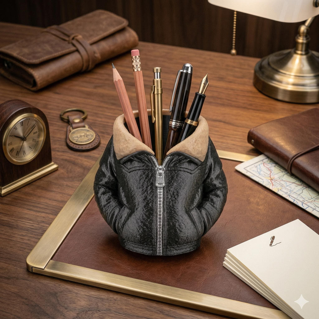 Leather Bomber Jacket Pen Holder – Aviator Desk Organizer, Pilot Biker Gift