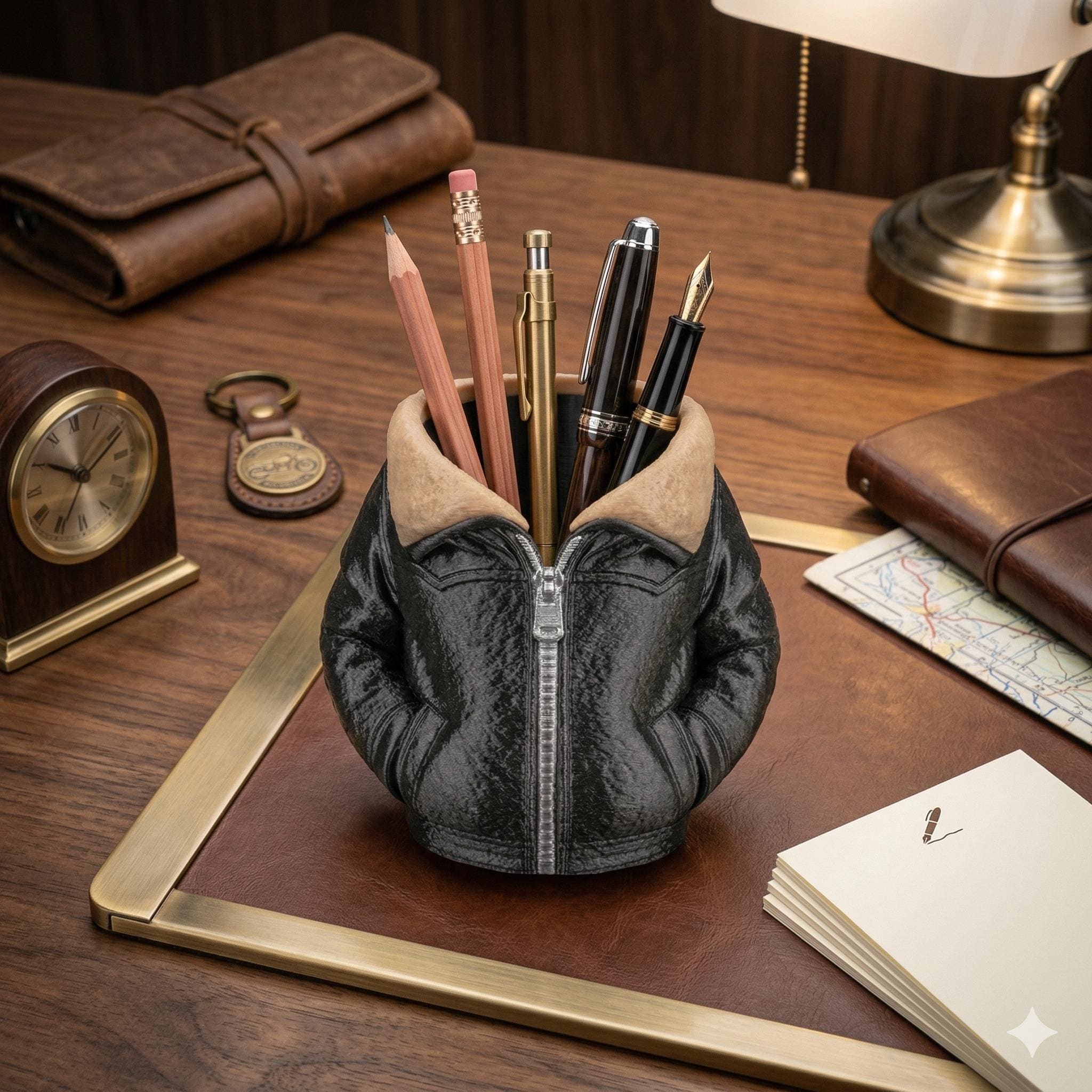 Leather Bomber Jacket Pen Holder – Aviator Desk Organizer, Pilot Biker Gift