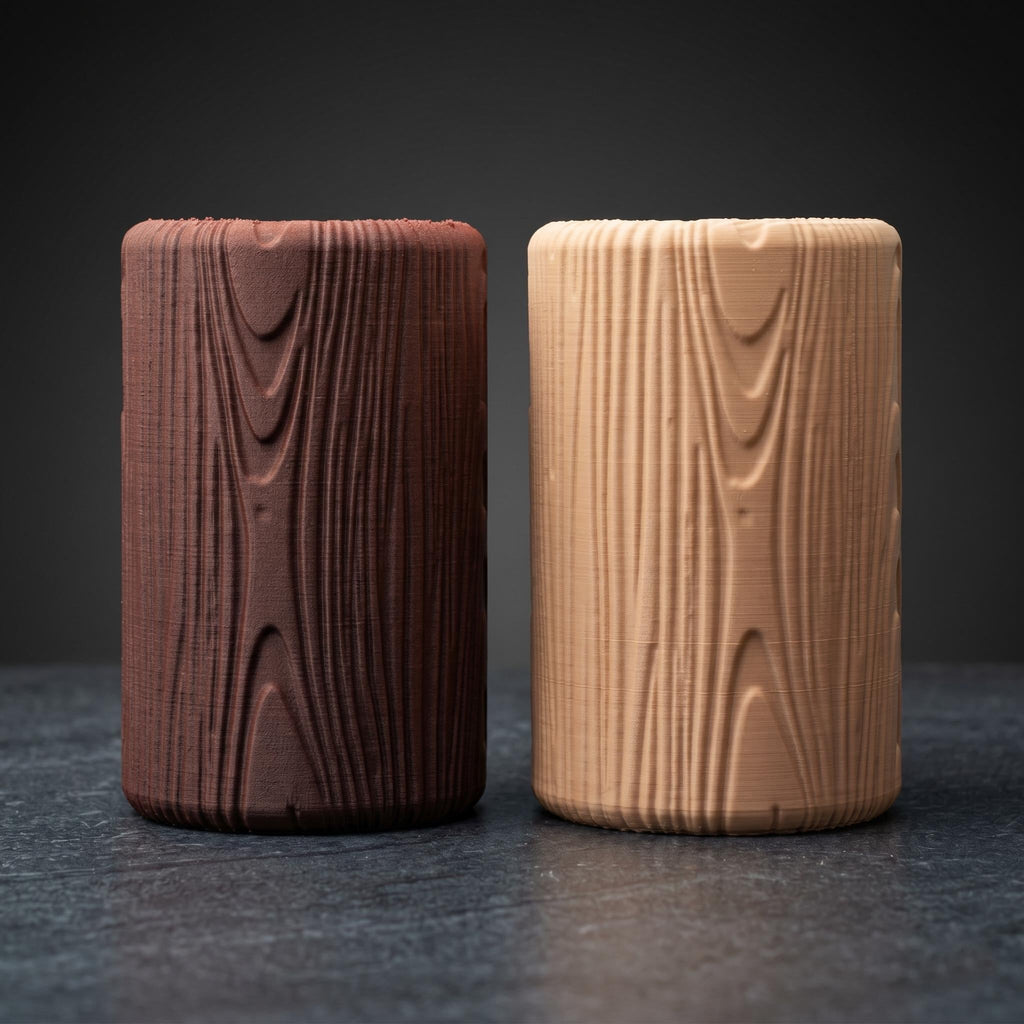 The dark and light wood grain pots side by side