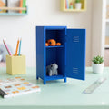 Blue retro mini locker on a desk with its door open, small figures on its shelves