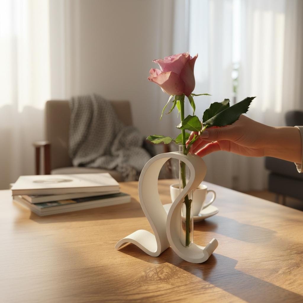White S-curve vase holding a pink rose