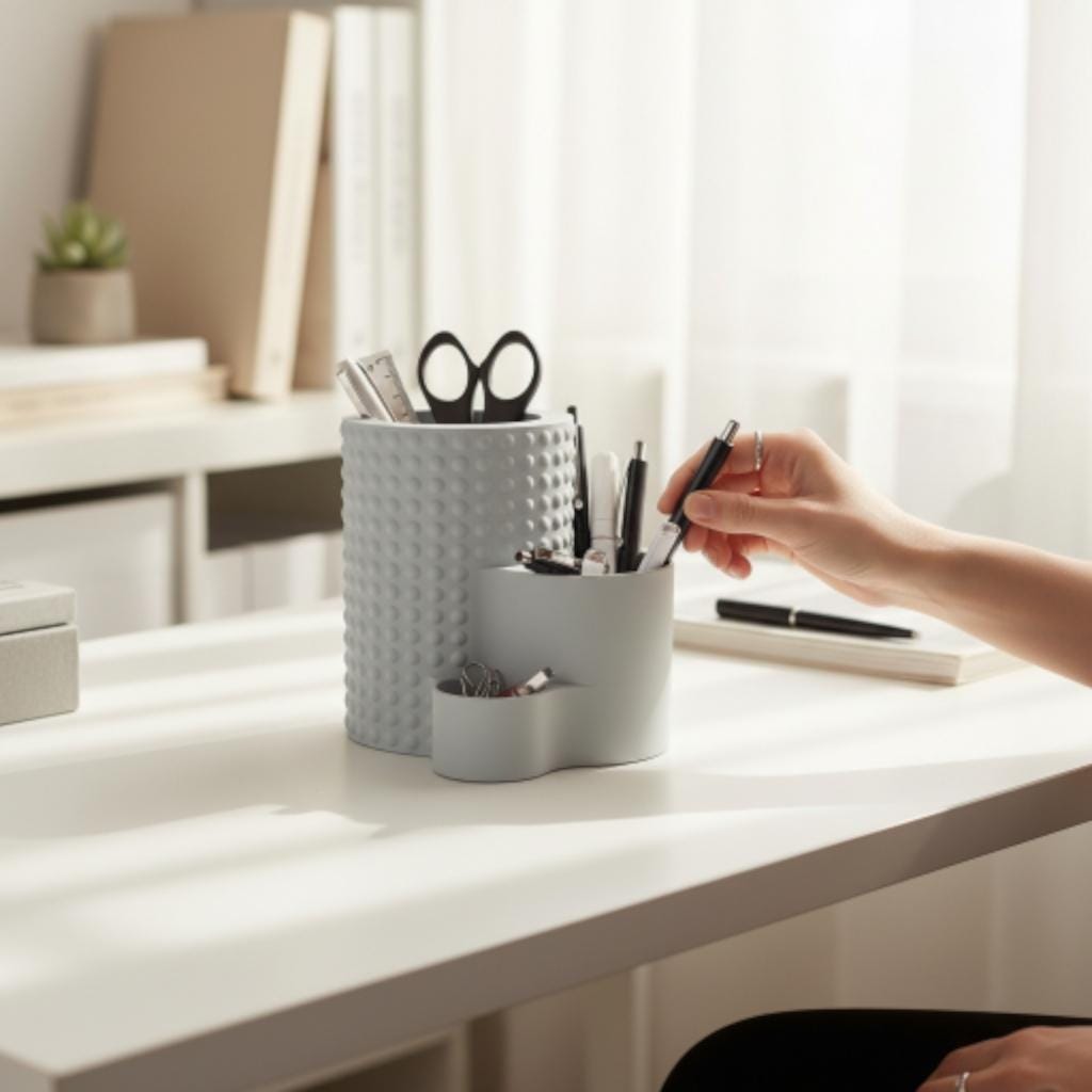 Tiered pencil pot on a white desk, a hand taking a pen