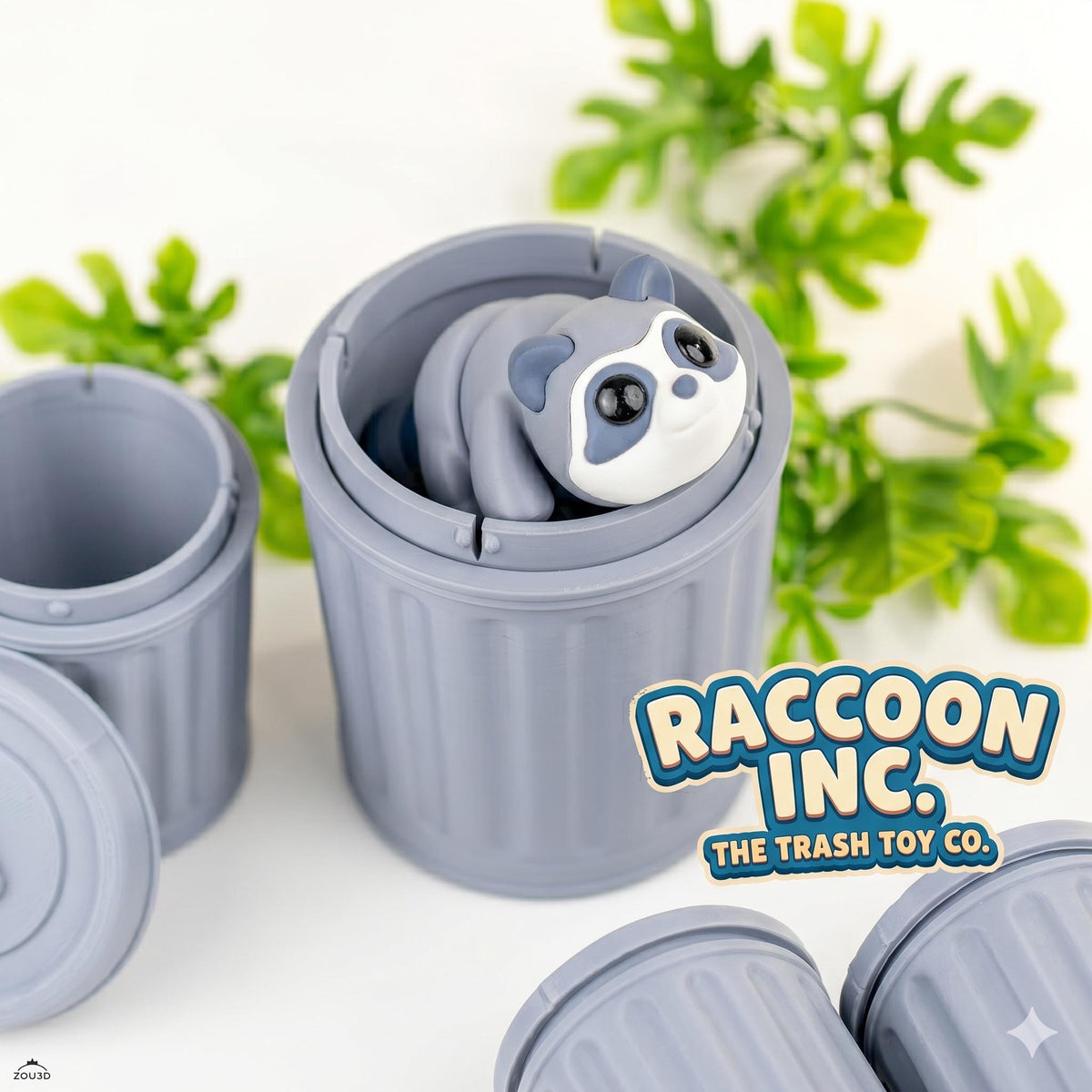 Grey articulated raccoon peeking out of a mini dustbin