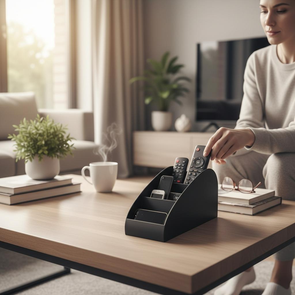 Remote caddy holding remotes on a coffee table, with a woman sitting by the TV