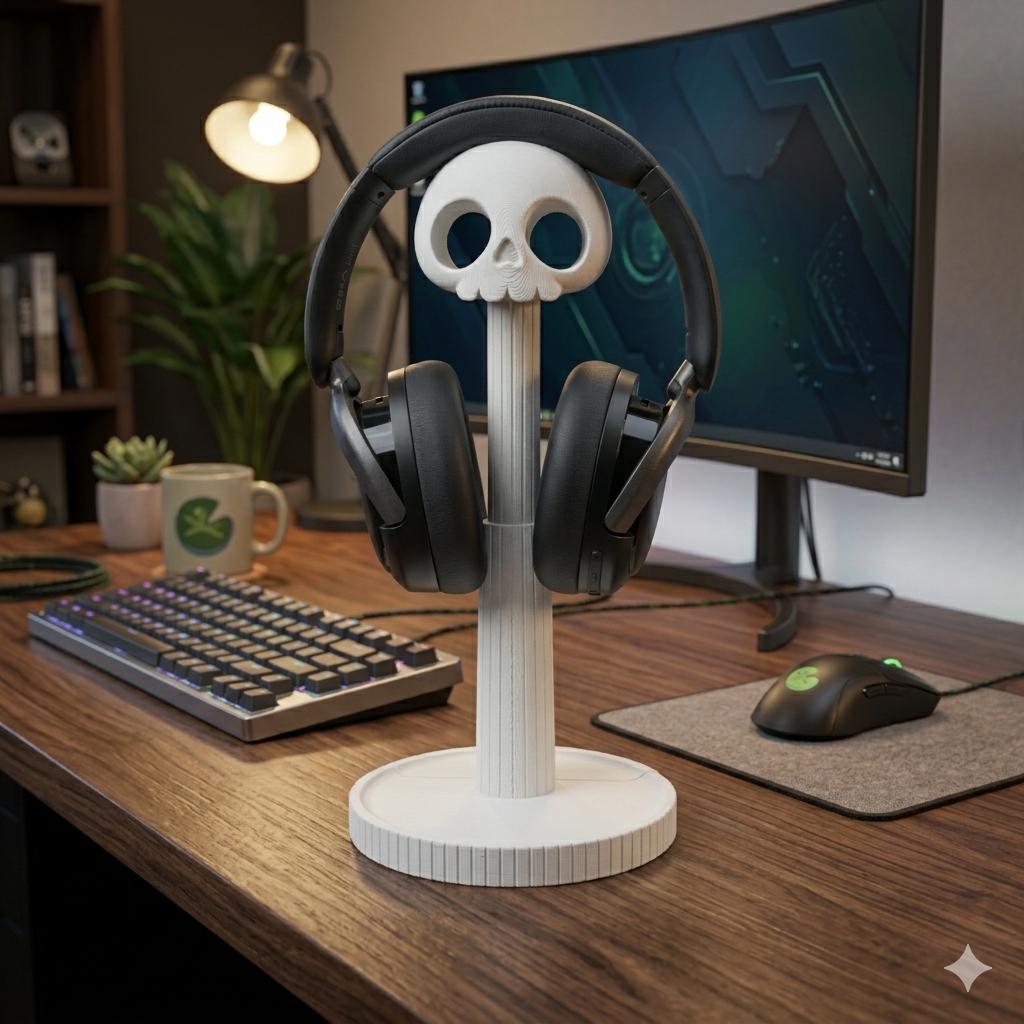 White skull headphone stand holding black headphones on a gaming desk