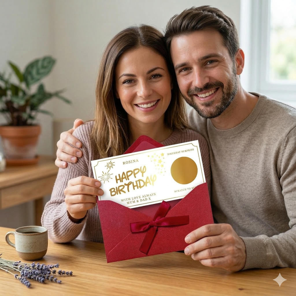 A smiling couple holding up the birthday scratch card and its red envelope