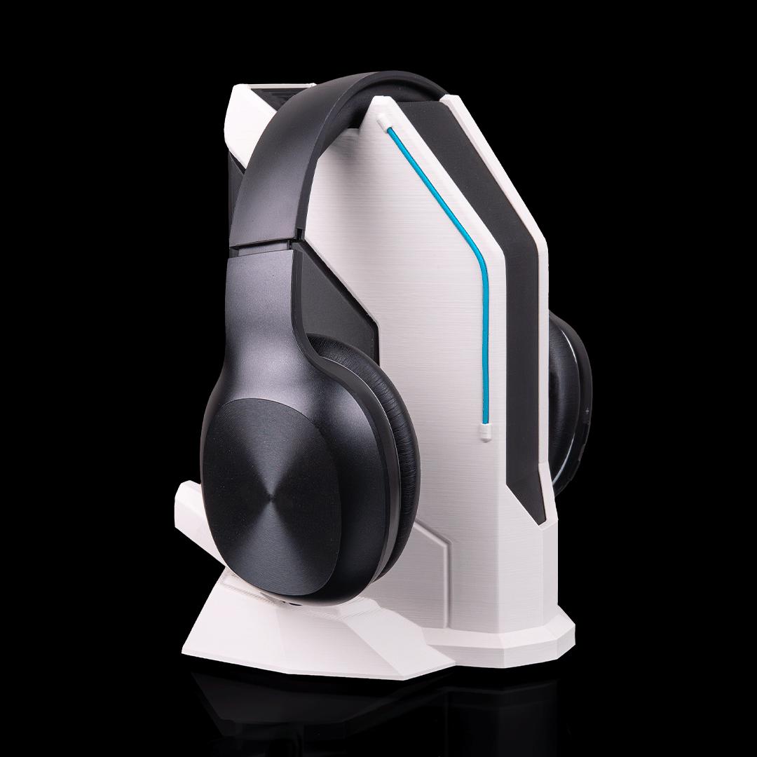 Sci-fi headset stand from the other side with headphones