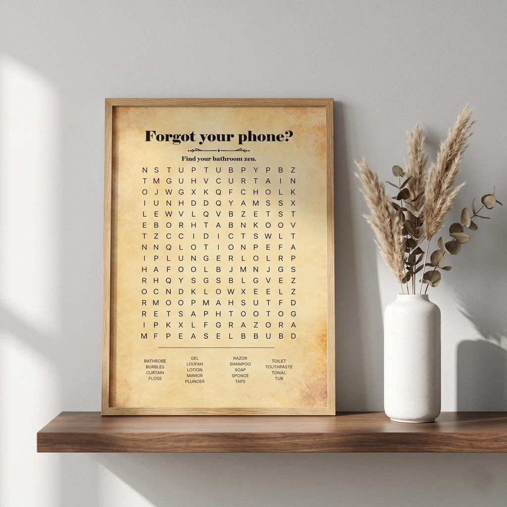 Vintage parchment bathroom word search print in a wood frame