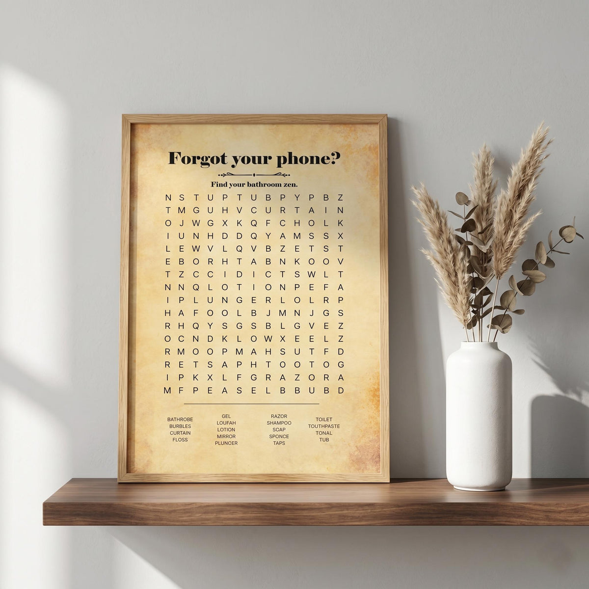 Vintage parchment bathroom word search print in a wood frame