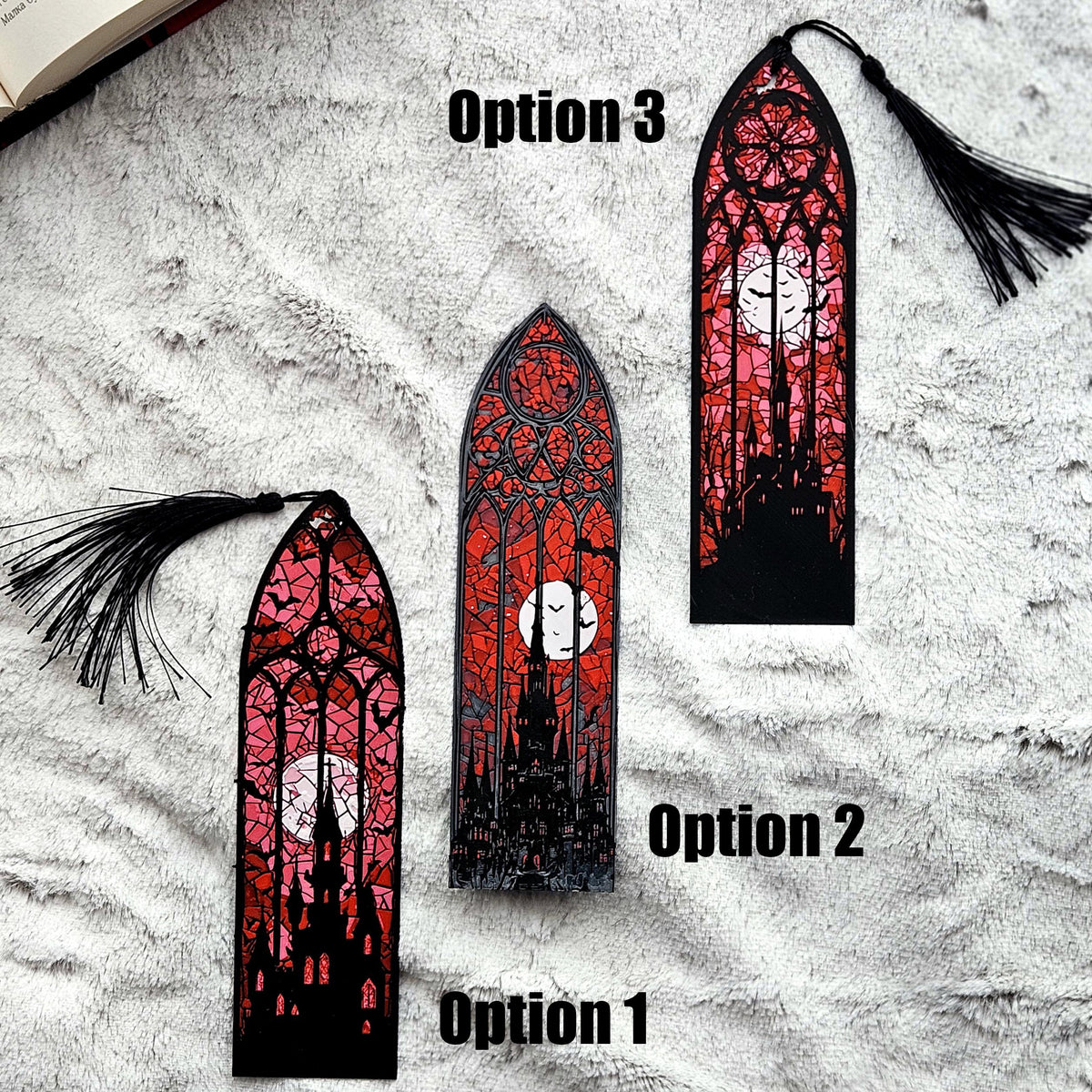 The three gothic stained glass bookmark designs, labelled Option 1, 2 and 3