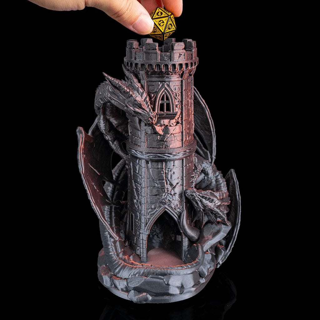 A hand dropping a d20 into the top of the Twin Dragons dice tower