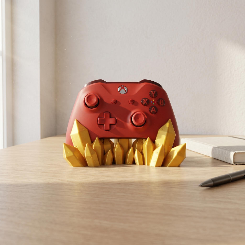 Gold crystal cluster controller stand holding a red Xbox controller on a desk