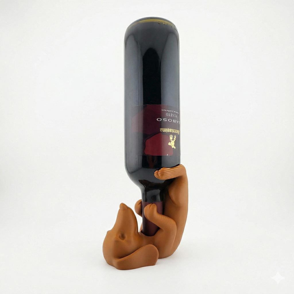 Brown dachshund wine holder from the side, holding a bottle upright
