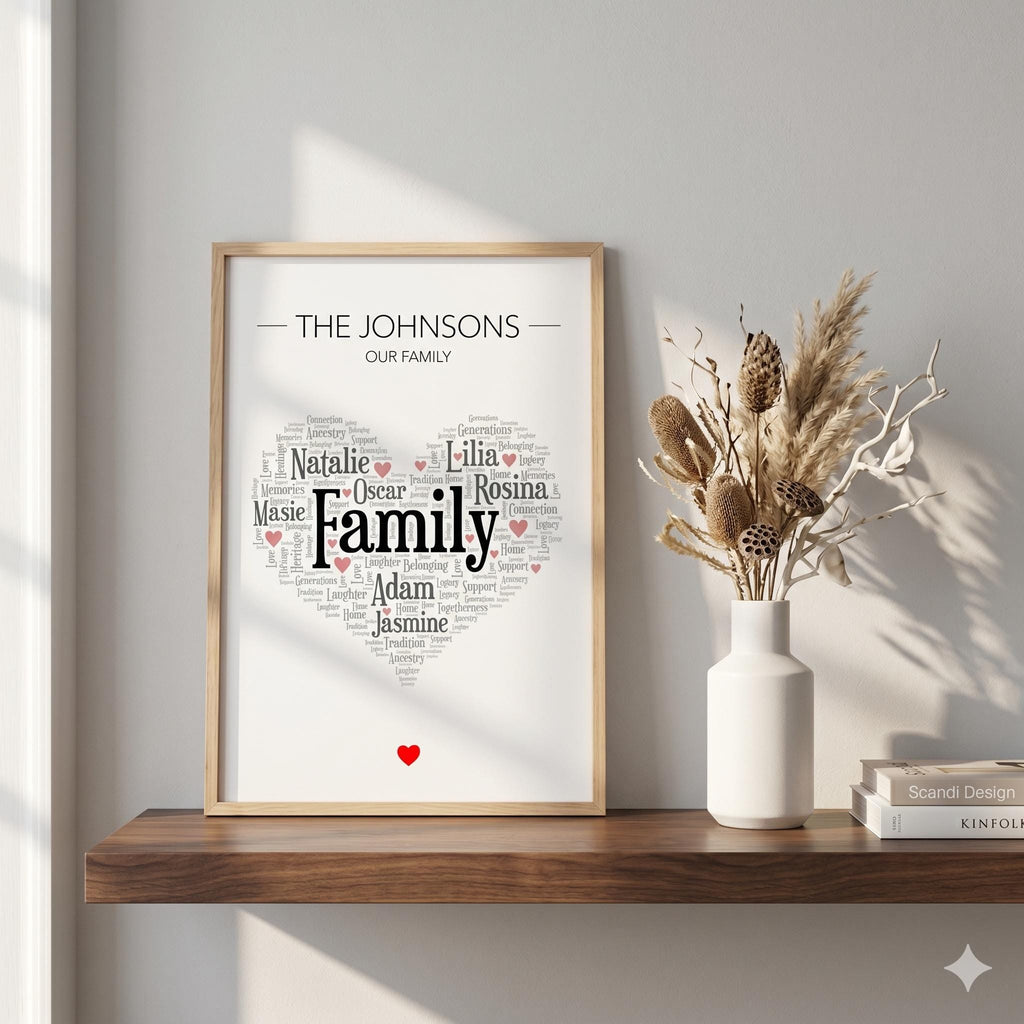 Family heart word art print in black and red, with The Johnsons, Our Family at the top, in a wood frame