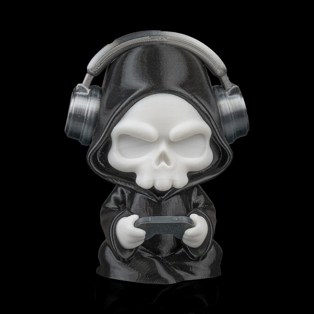 Gamer Grim Reaper figure with silver headphones