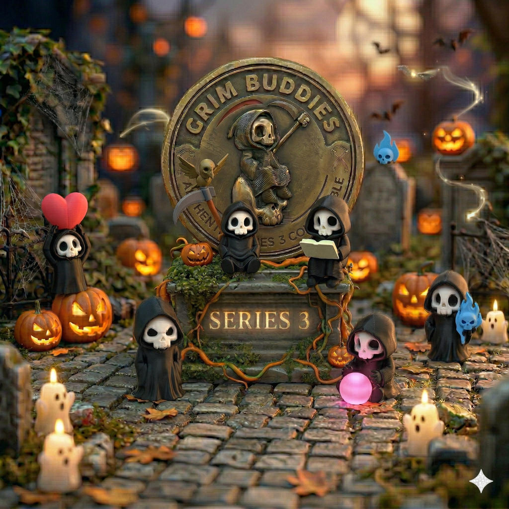 Grim Buddies Series 3 figures in a pumpkin-lit graveyard around a gold Grim Buddies coin