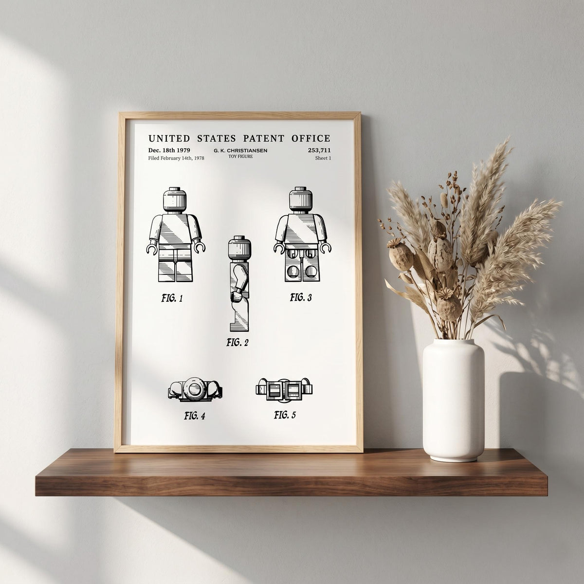 Toy figure patent print, sheet 1, in white with black lines