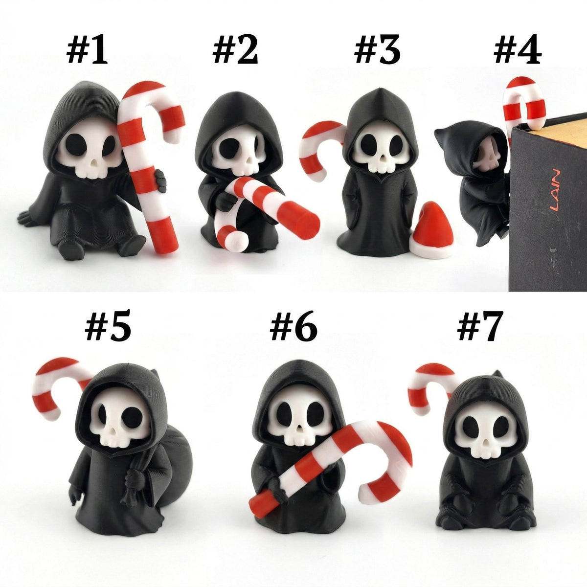 The seven Christmas Grim Buddies, numbered 1 to 7, with candy canes, a Santa hat and a sack