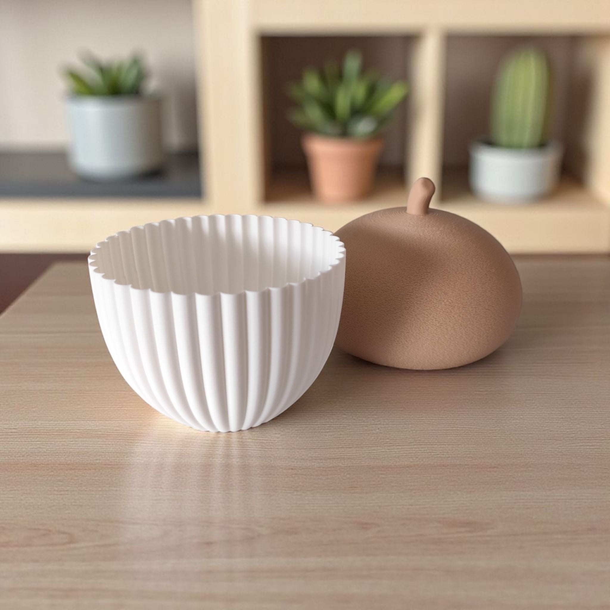 White plastic bowl and brown ceramic object on a wooden surface with plants in the background