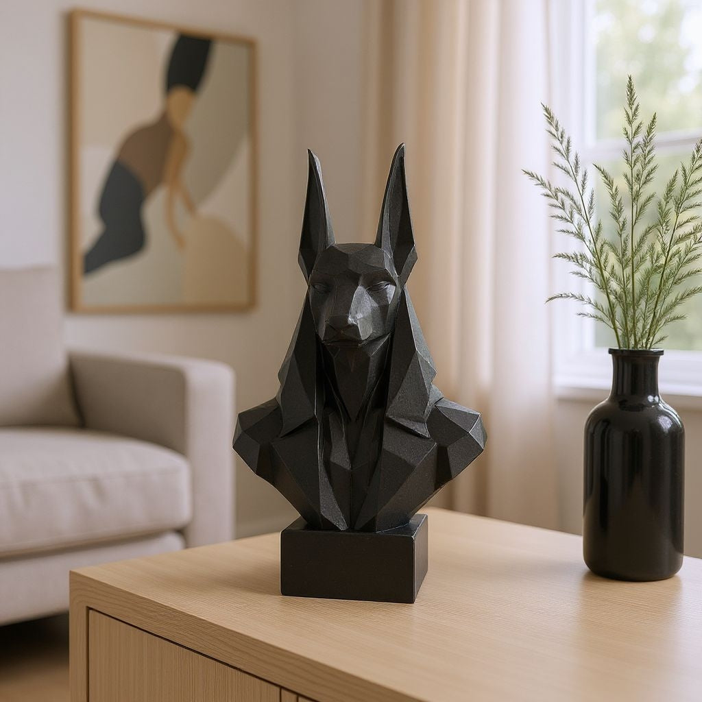Black geometric sculpture on a wooden table with a vase and plant in a room setting