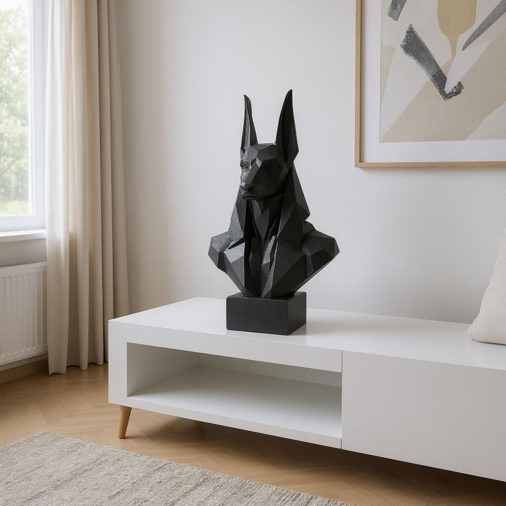 Black abstract sculpture on a white shelf in a modern living room