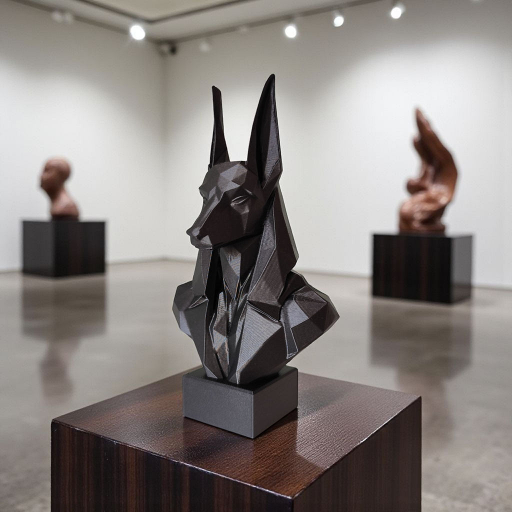 Geometric sculpture of a face on a pedestal in an art gallery setting.