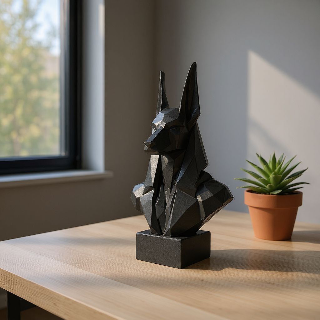 Black geometric sculpture on a wooden surface with a plant in the background