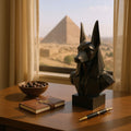 Statue of a Egyptian god on a table with a notebook and pen, pyramid visible through window