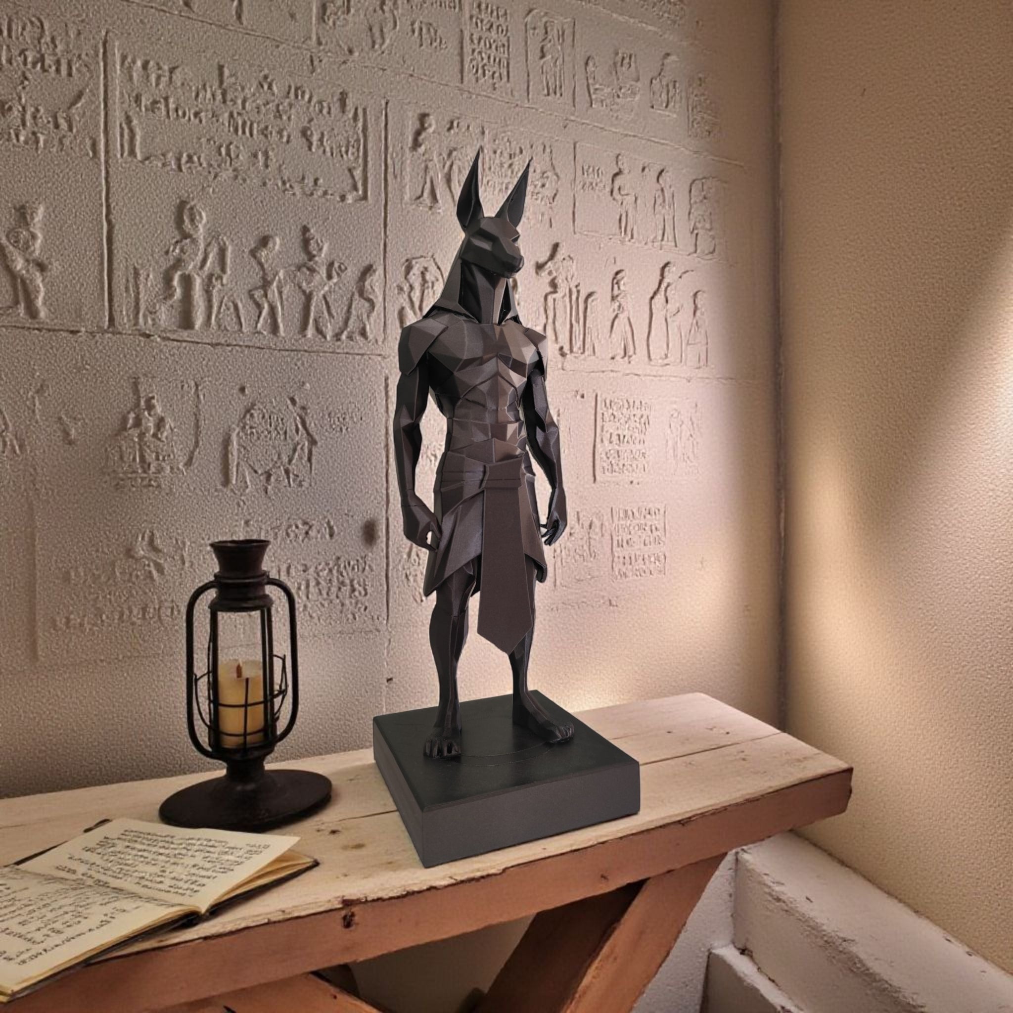Minimalist low poly Anubis statue sculpture in black modern design