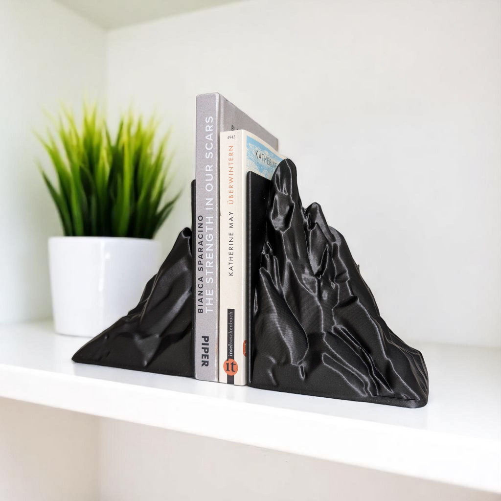 Black bookends shaped like hands holding books on a shelf with a plant in the background