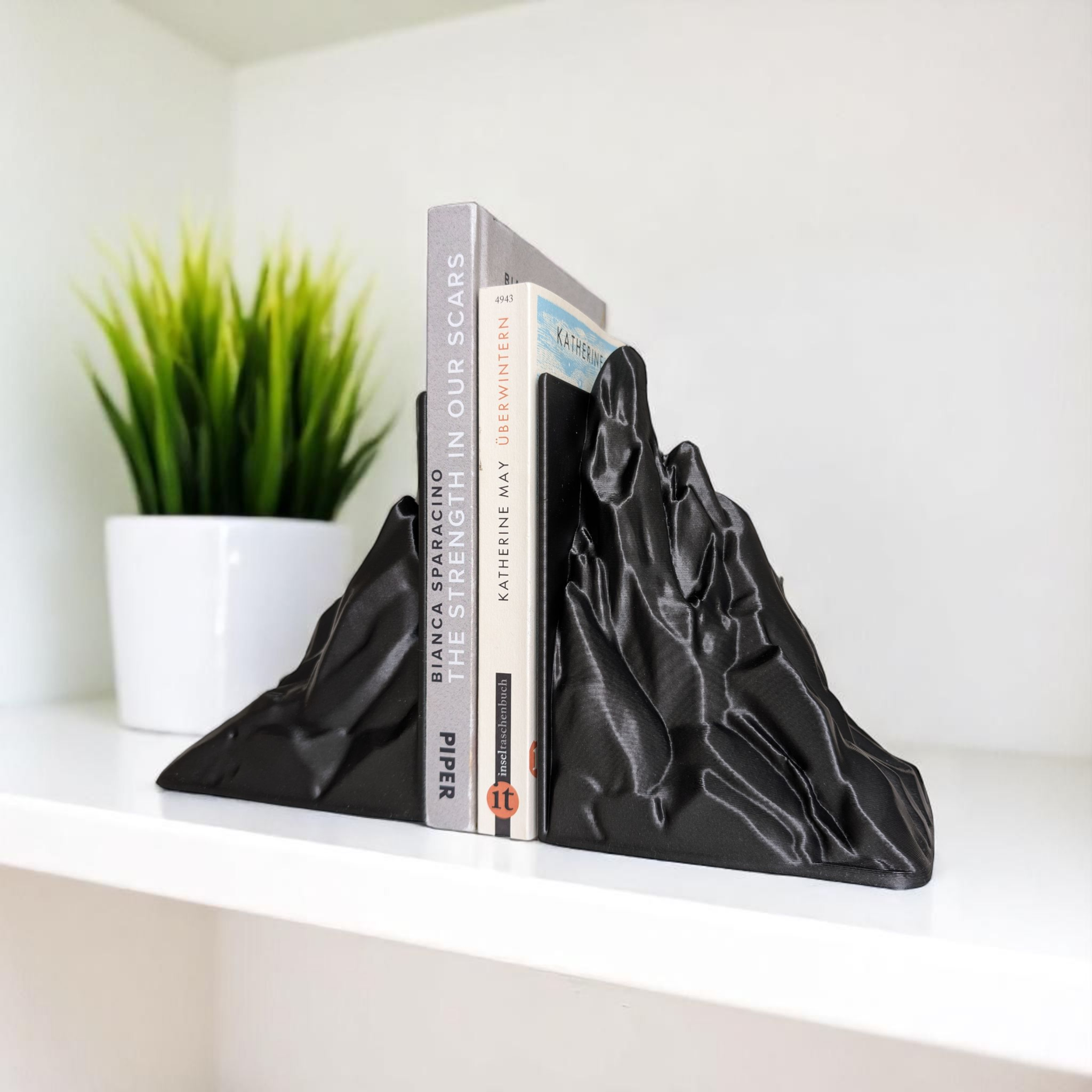 Black bookends shaped like hands holding books on a shelf with a plant in the background