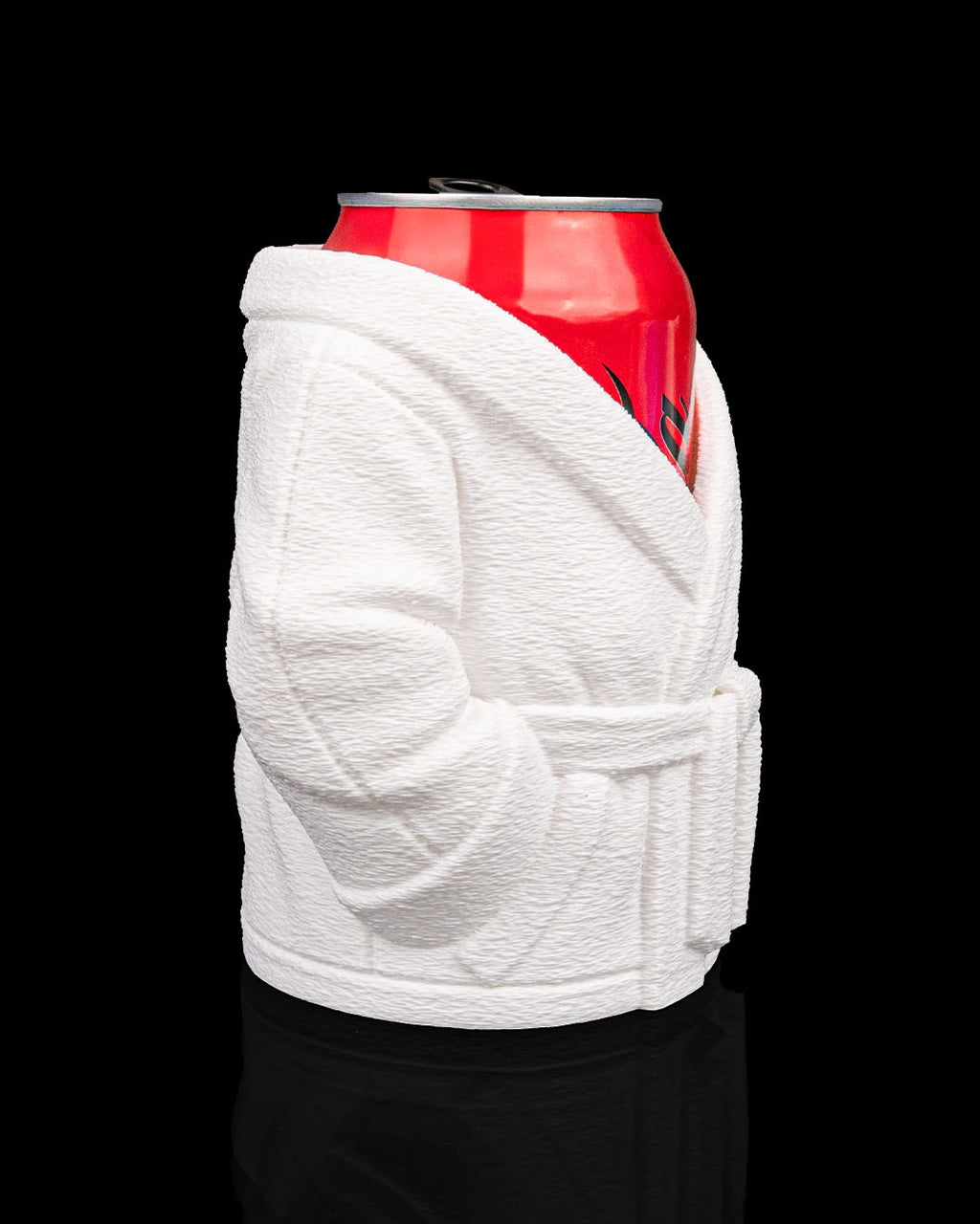 White robe-like can cooler with a red can inside on a black background