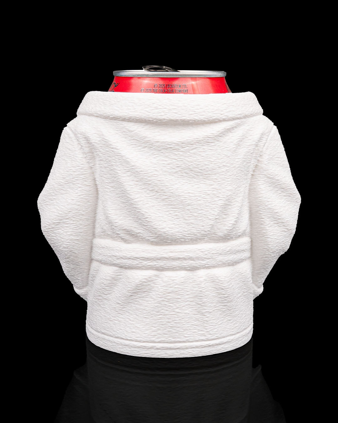 White hoodie with a red can on a black background