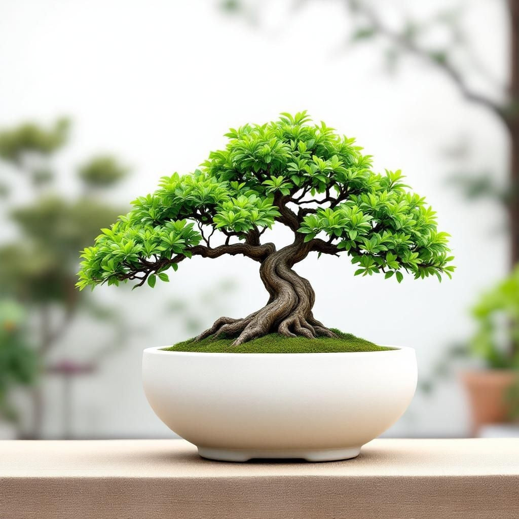 Bonsai tree in a white pot on a blurred natural background