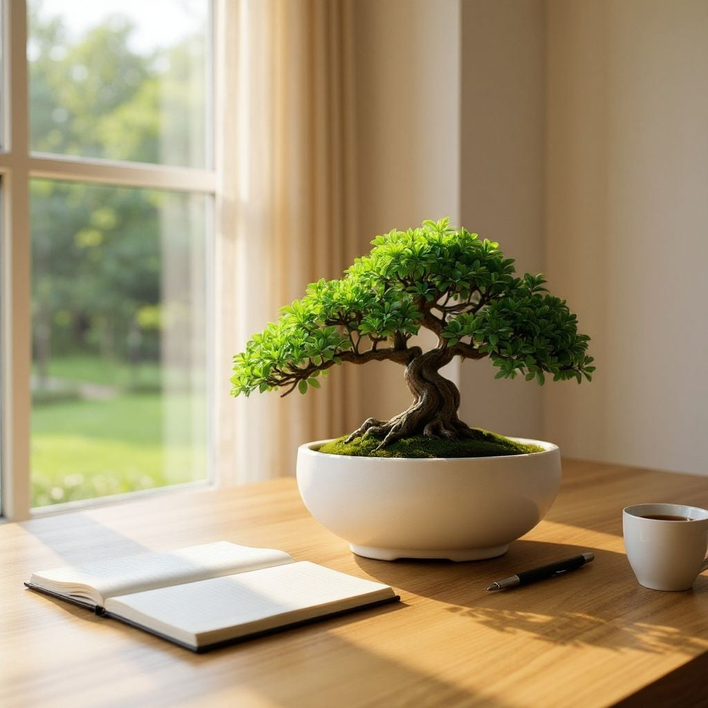 Bonsai tree in a pot on a desk with an open book and a cup of coffee, near a window with a view of greenery.