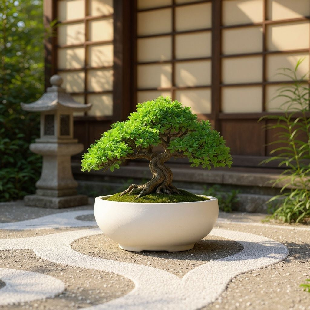 Bonsai tree in a pot on a stone patio with a traditional Japanese lantern in the background.