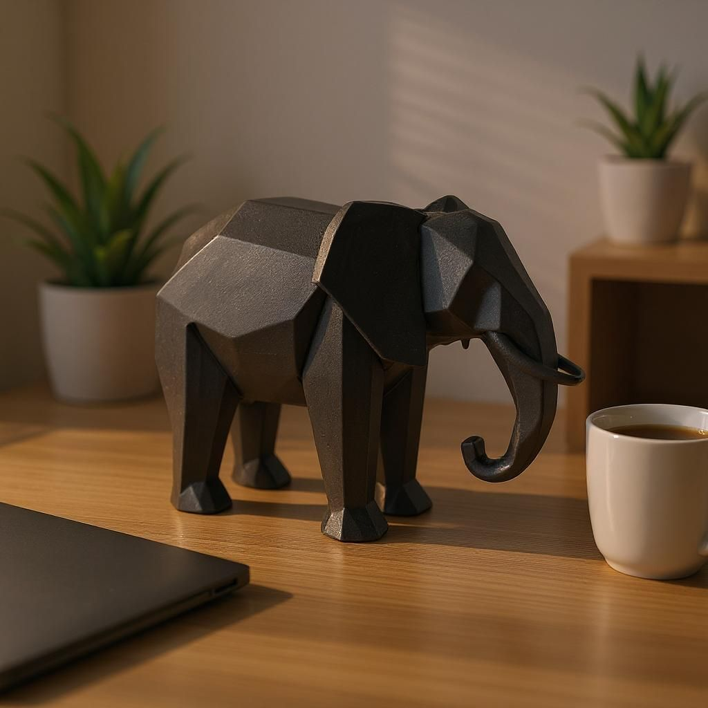 Geometric elephant sculpture on a wooden surface with a cup and plants in the background