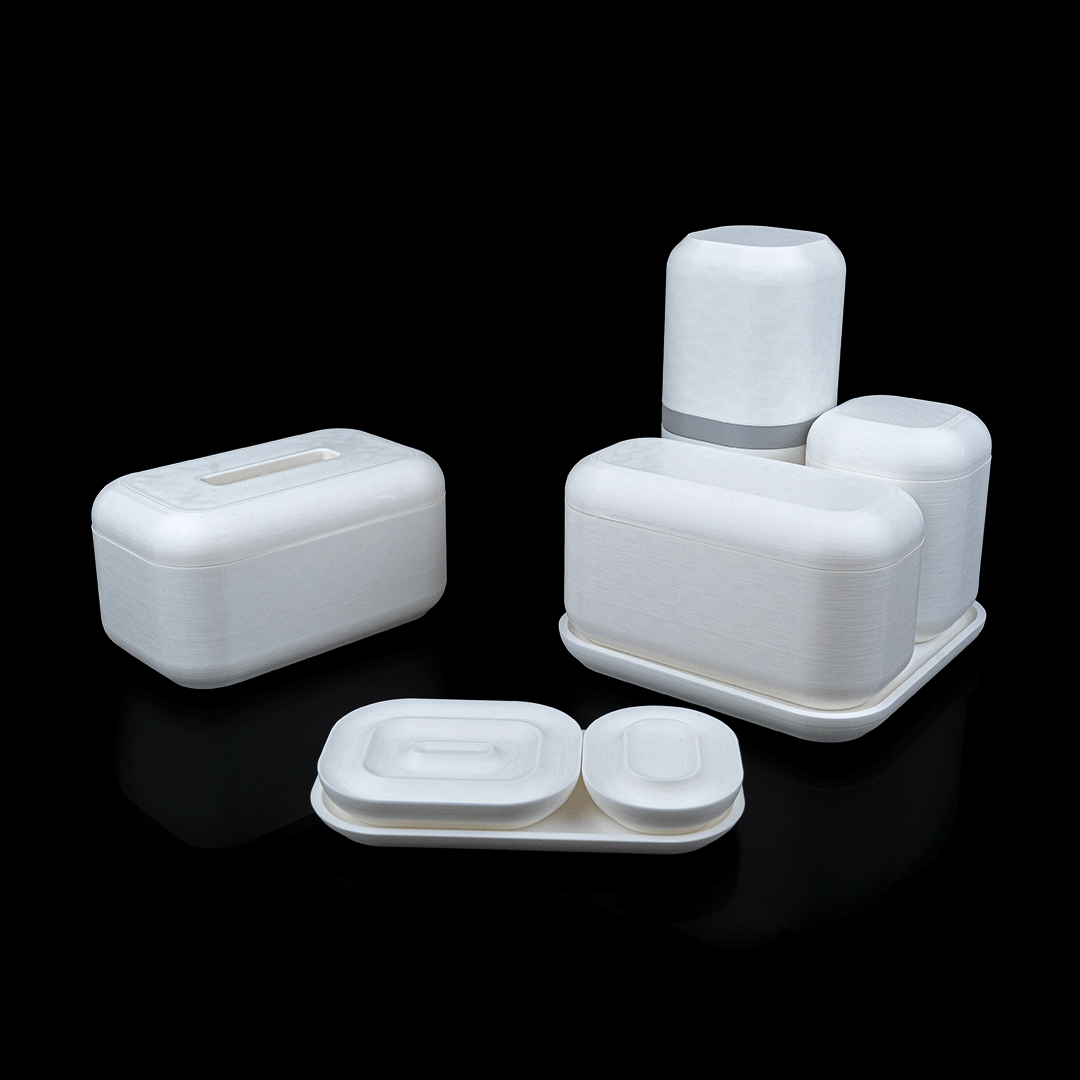 Set of white plastic containers on a black background