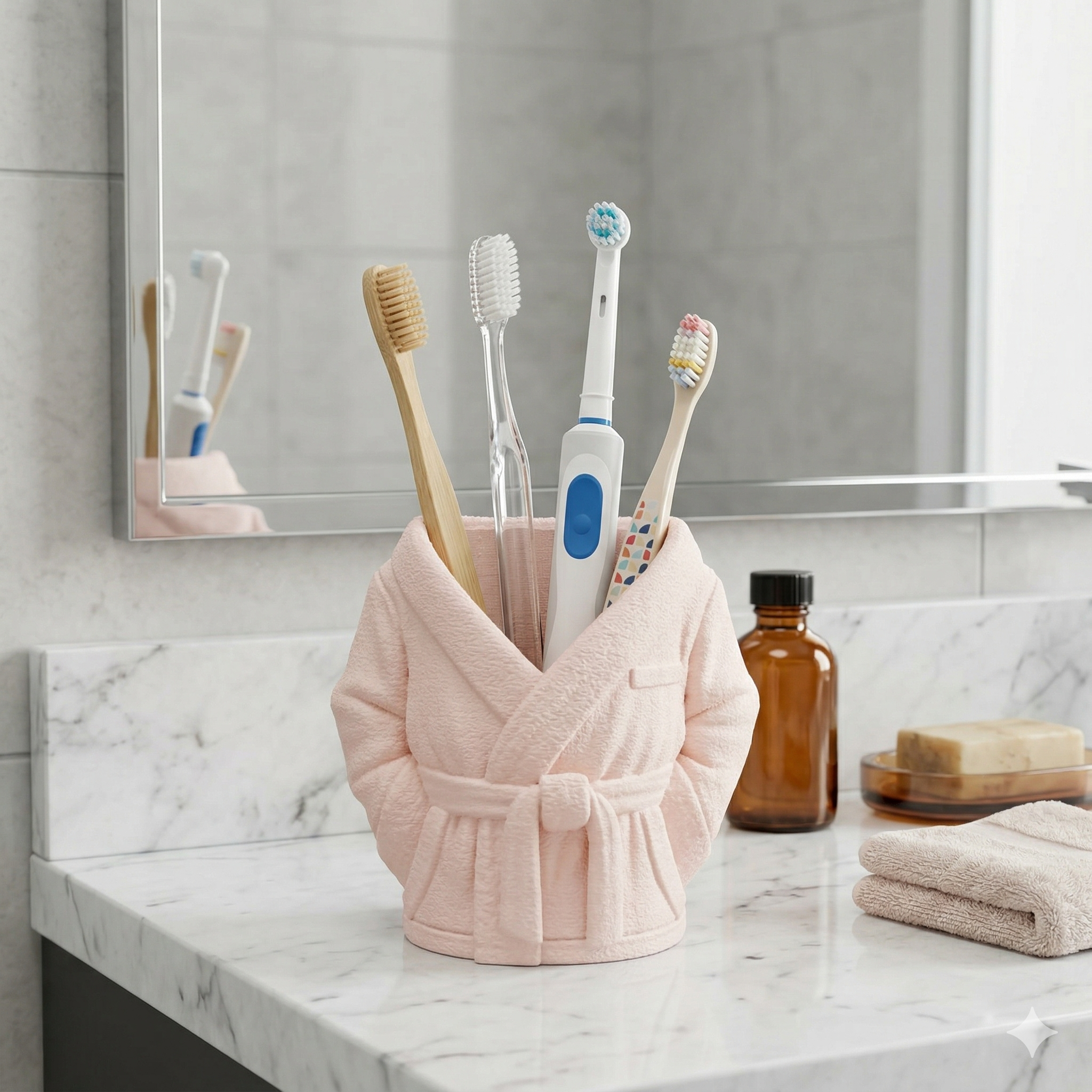 Pink robe holding toothbrushes on a bathroom counter with a mirror in the background