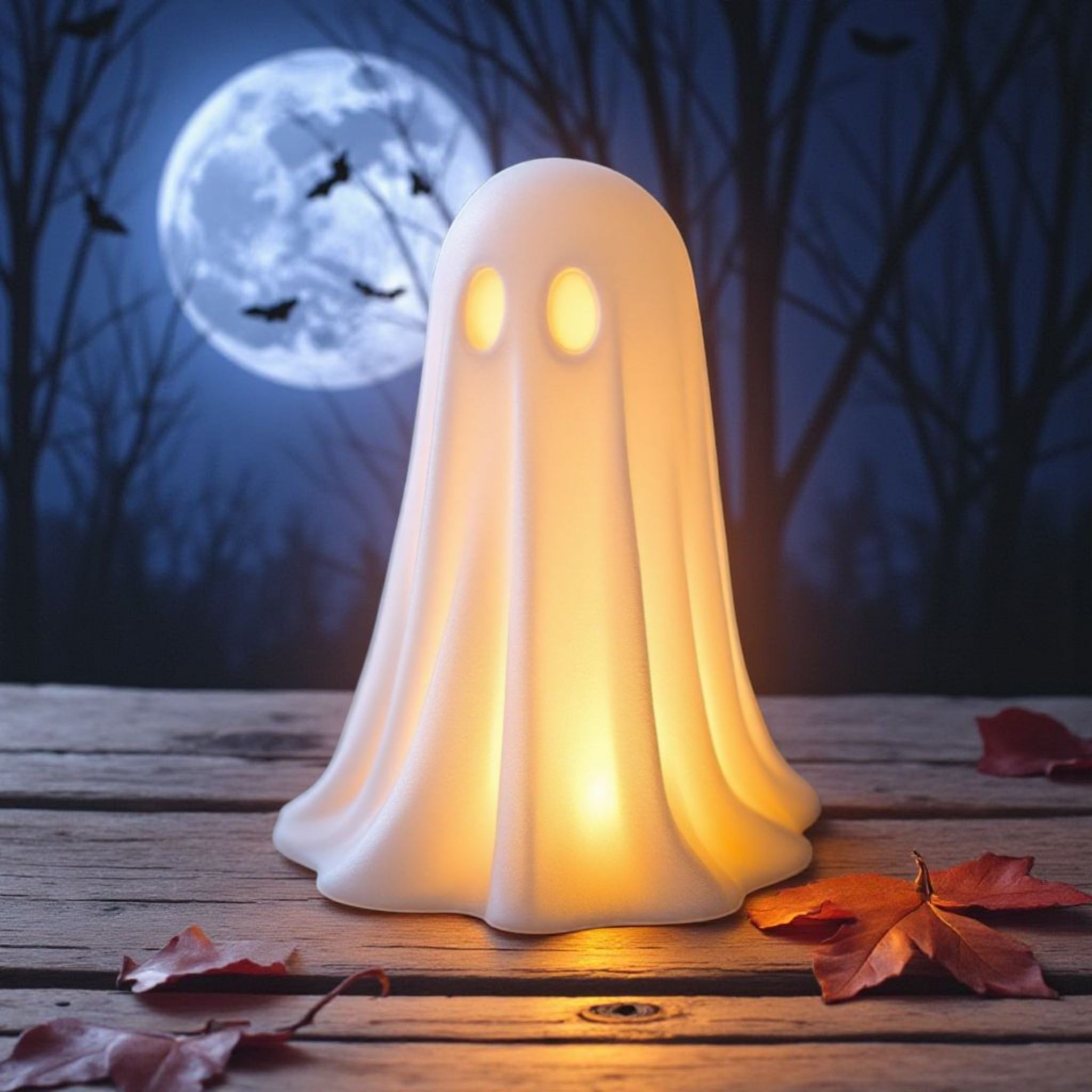 Ghost-shaped lamp with glowing eyes on a wooden surface at night with a full moon and trees in the background.