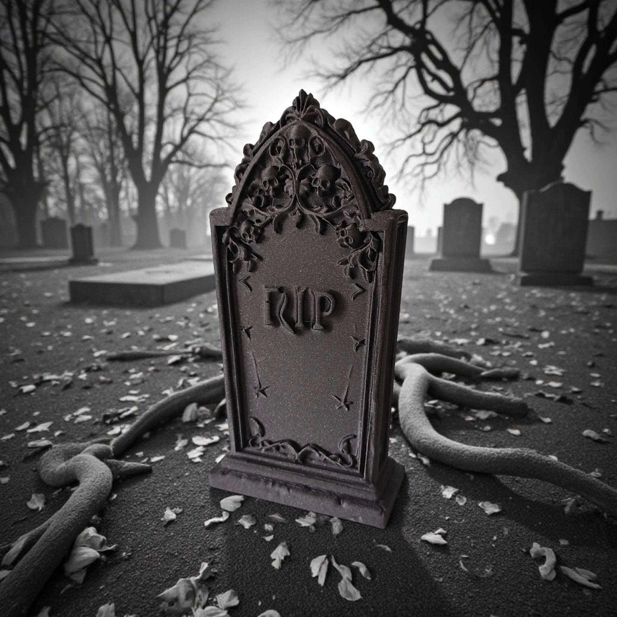 Graveyard scene with a tombstone labeled 'RIP' in a foggy, eerie setting.