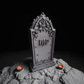 Gothic-style tombstone with 'RIP' on a dark background