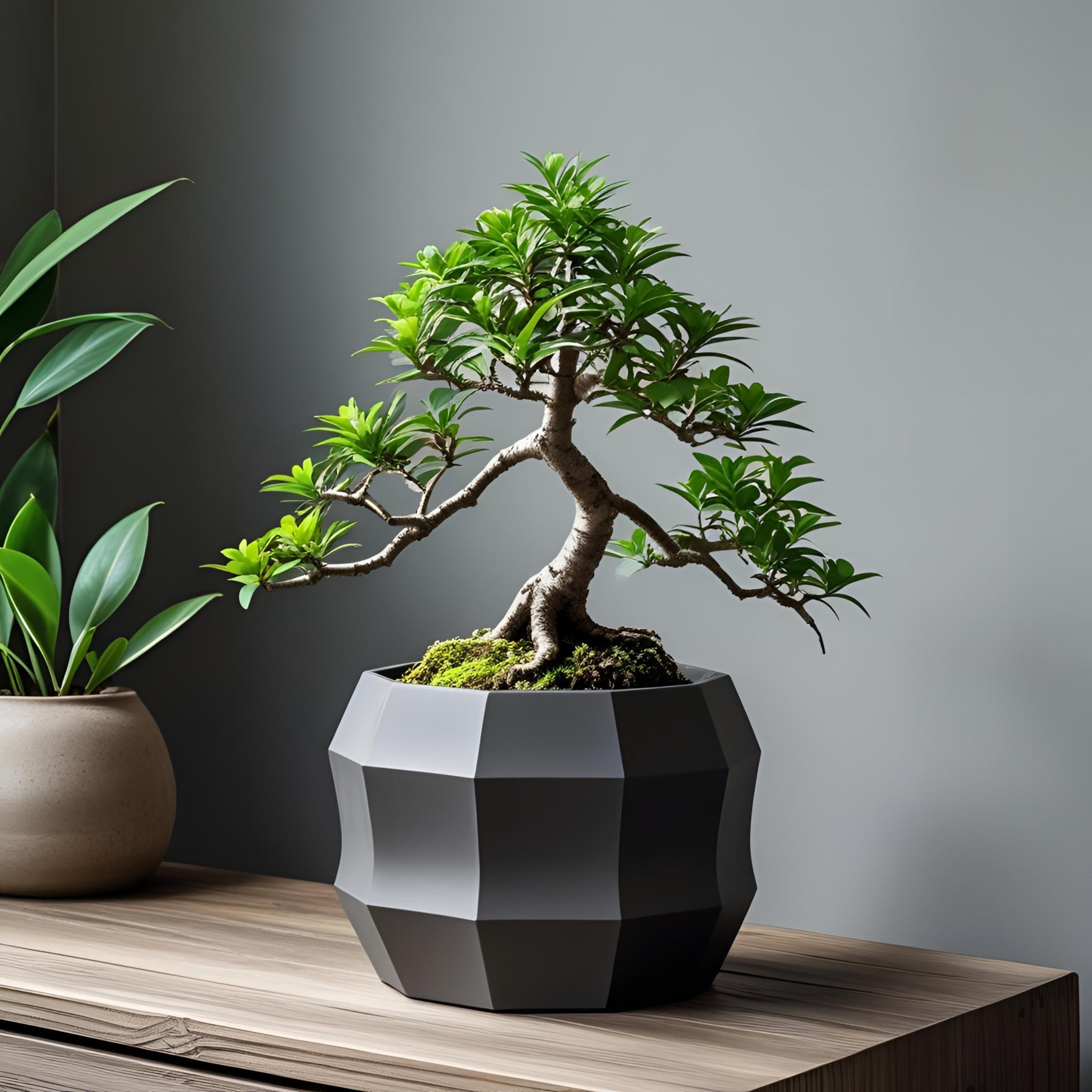 Bonsai tree in a geometric pot on a wooden surface with a gray background