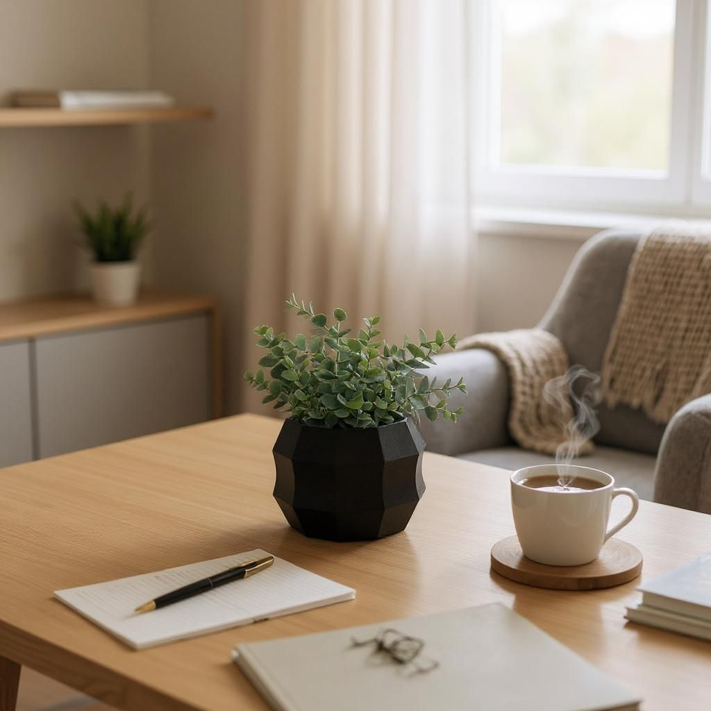 Coffee cup with steam on a wooden table in a cozy living room.