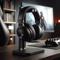 Black gaming headset on a stand in front of a computer monitor with a blurred background