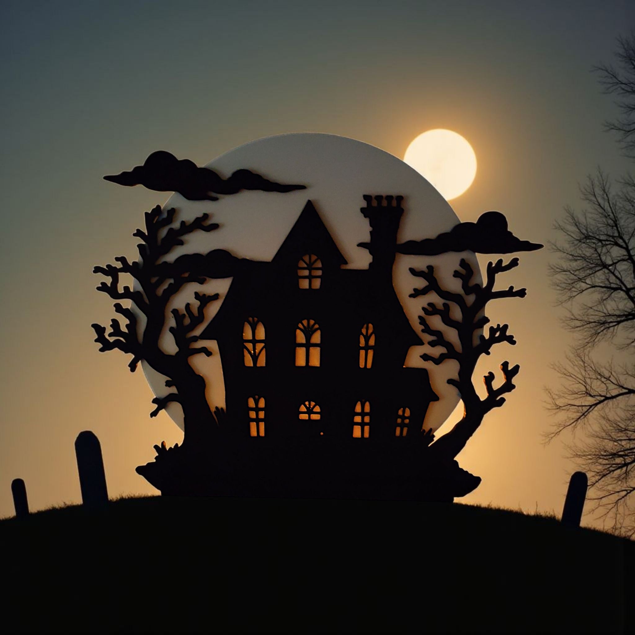 Silhouette of a haunted house with a full moon and trees against an orange sky.