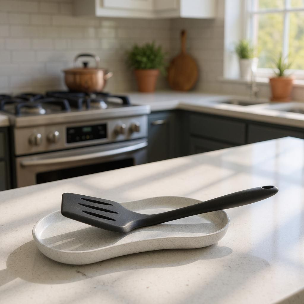Black slotted spatula on a white ceramic dish in a kitchen setting
