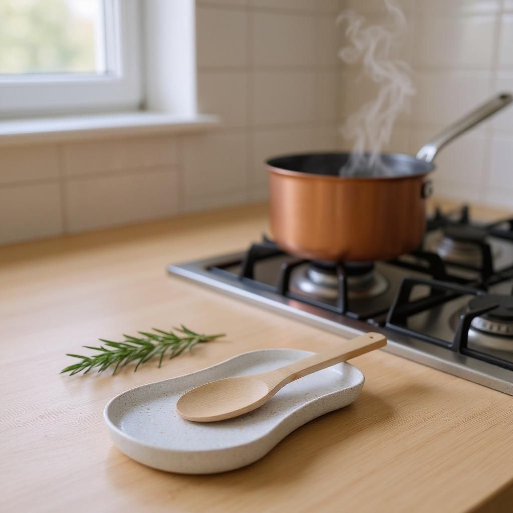 Copper pot on a gas stove with steam, wooden spoons on a white plate, and rosemary on a wooden countertop.